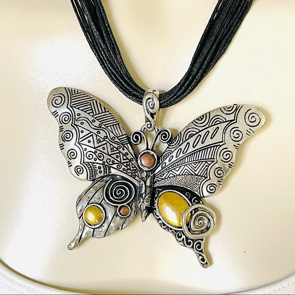 TRIBAL BUTTERFLY NECKLACE multi textured multi metal layered cord chain ARTISAN - Picture 4 of 12